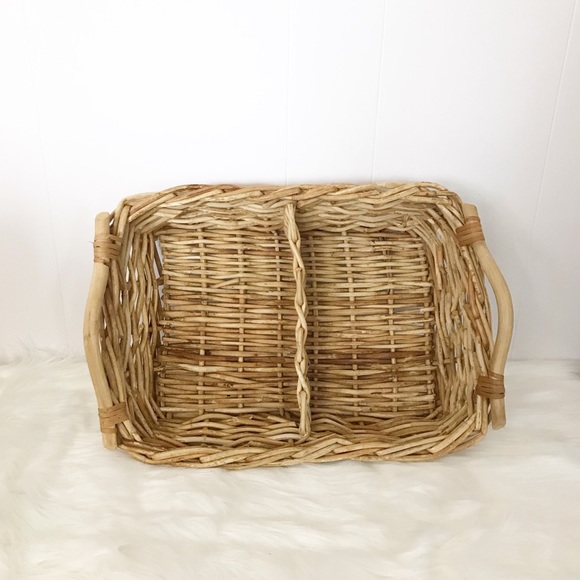 Vintage Other - Divided Willow Woven Basket Tray with Handles